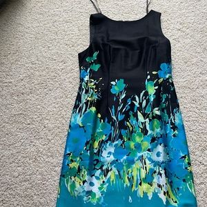 Stunning color, teak/black detail at hem, size 10, sheath dress.